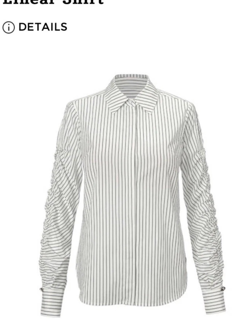 Cabi Linear Blouse White Shirt with Black Pinstripes and Ruched Sleeves